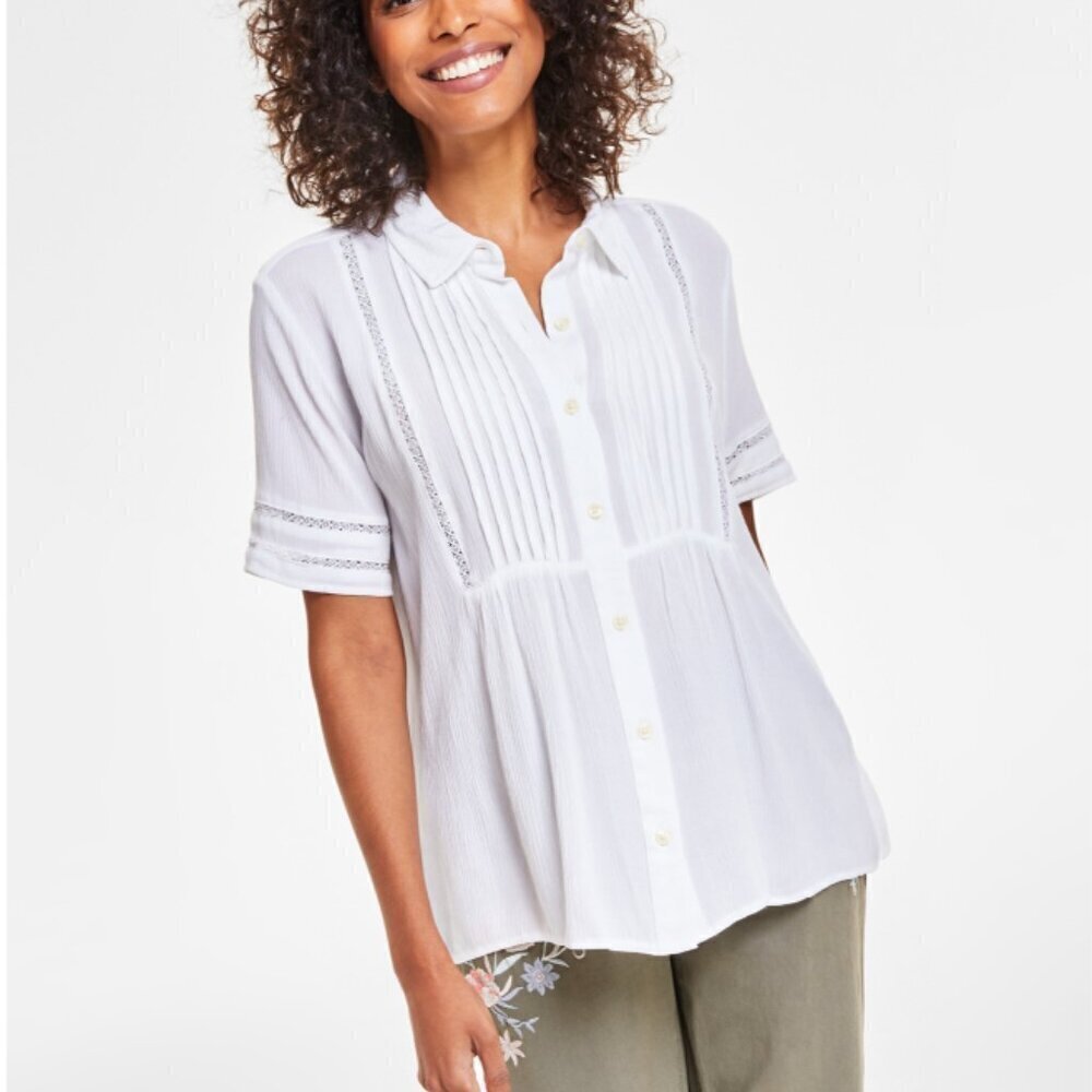 Style & Co Petite Ivory Pintuck Short-Sleeve Button-Front Shirt NWT